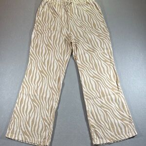 Happily Grey Linen Pants Women’s Large Animal Print Pull On Drawstring Tan/Cream